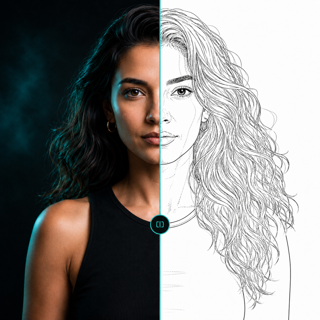 ProTrace editor artwork showing a portrait and line-art interpretation