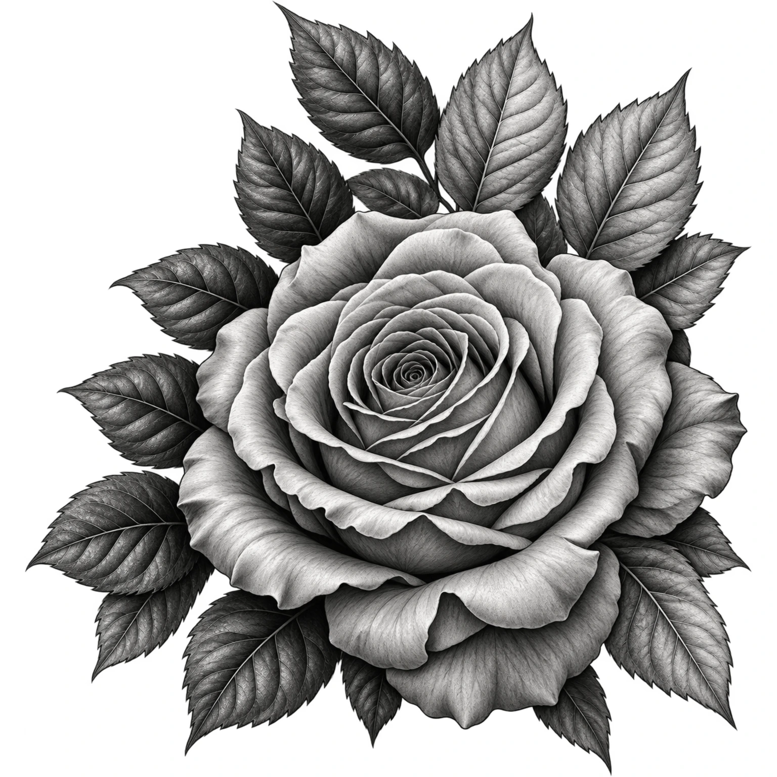 Detailed rose with layered petals and leaves